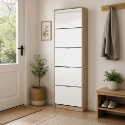 Scarpiera Marrone Rovere Grigio 10 Ripiani 10 Vani 67x28x191.5h cm, 5 Ante - Dentro