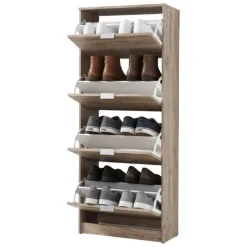 Scarpiera Marrone Rovere Grigio 8 Ripiani 4 Ante 67x28x155.5h cm, Maniglie Incluse - Santina