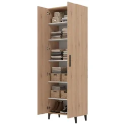 Scarpiera Marrone Rovere Nero 5 Ripiani 2 Ante 67.5x35x195h cm, kit Fissaggio a Muro Incluso - Ciminna