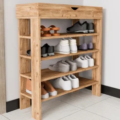 Scarpiera Marrone Rovere Nodi 5 Ripiani 12 Paia 80x30x90h cm, Un'anta - Monastero