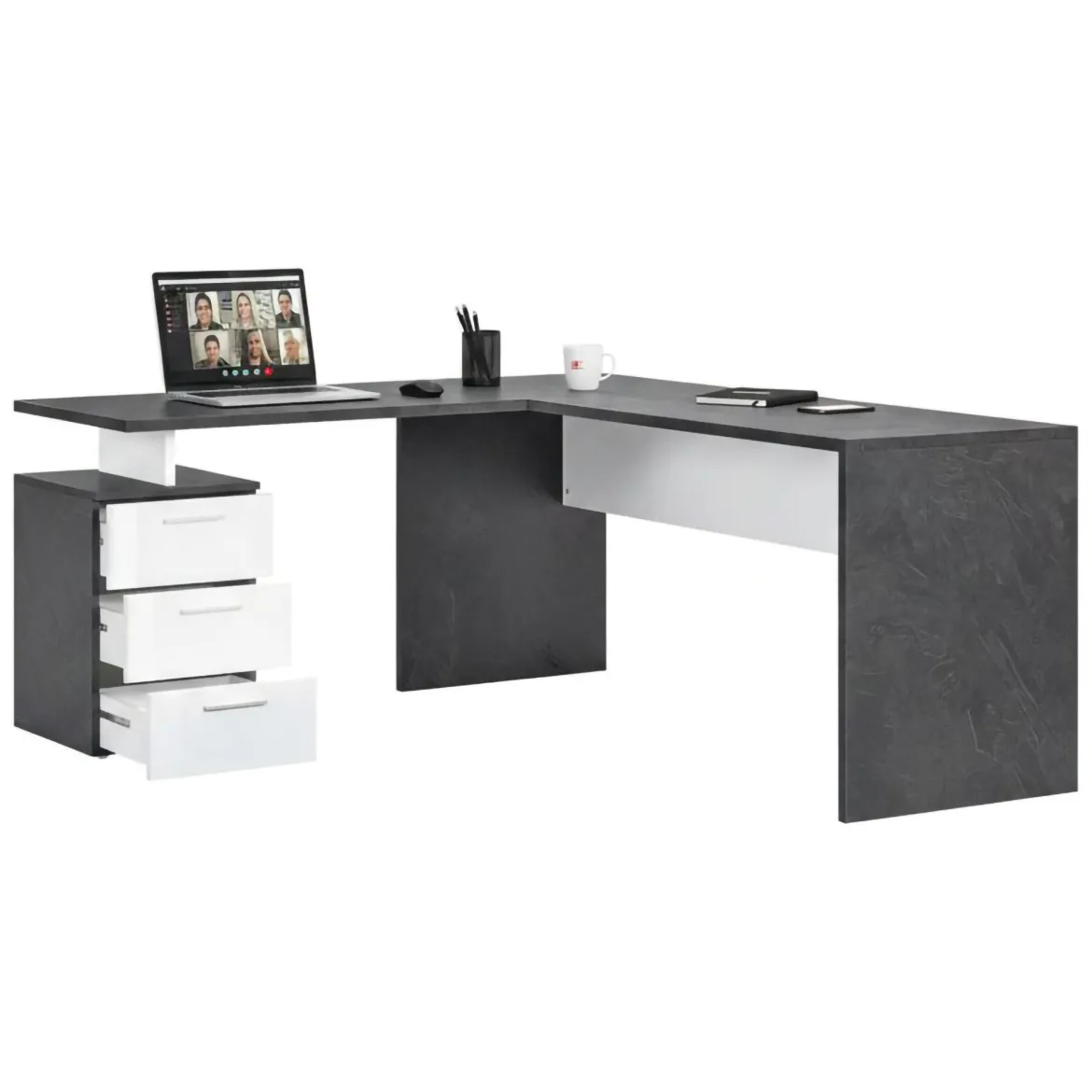 Scrivania angolare ardesia e bianca lucida 180x60cm con 3 cassetti - Ascuby