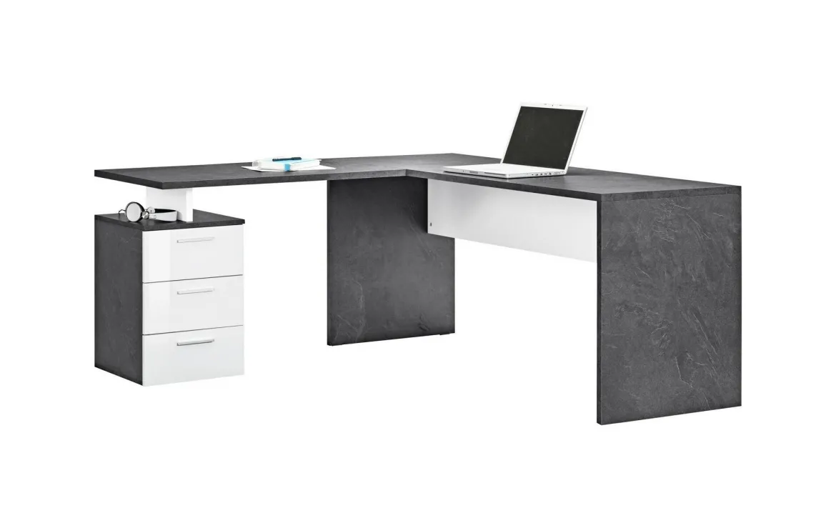 Scrivania angolare ardesia e bianca lucida 180x60cm con 3 cassetti - Ascuby