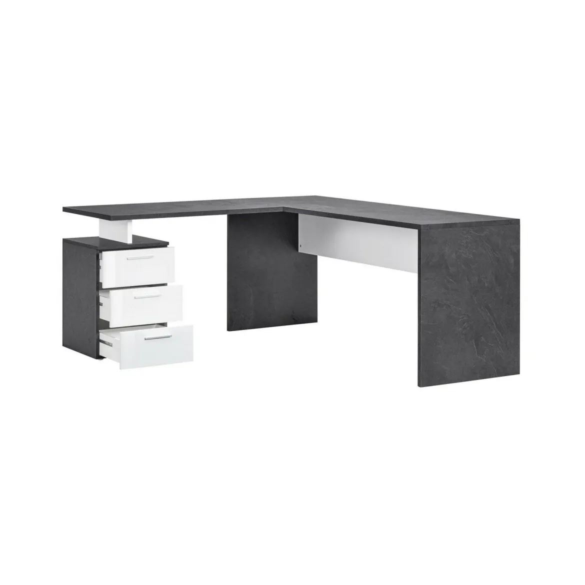 Scrivania angolare ardesia e bianca lucida 180x60cm con 3 cassetti - Ascuby