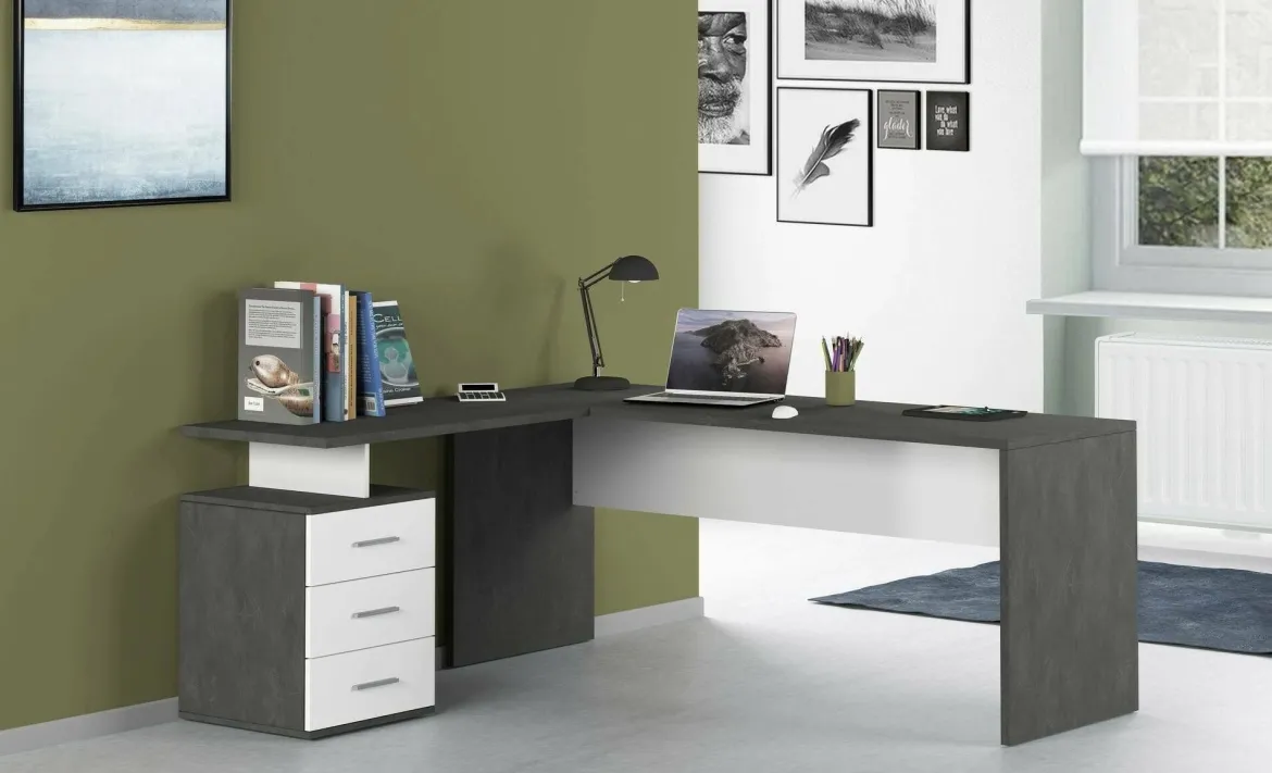 Scrivania angolare ardesia e bianca lucida 180x60cm con 3 cassetti - Ascuby