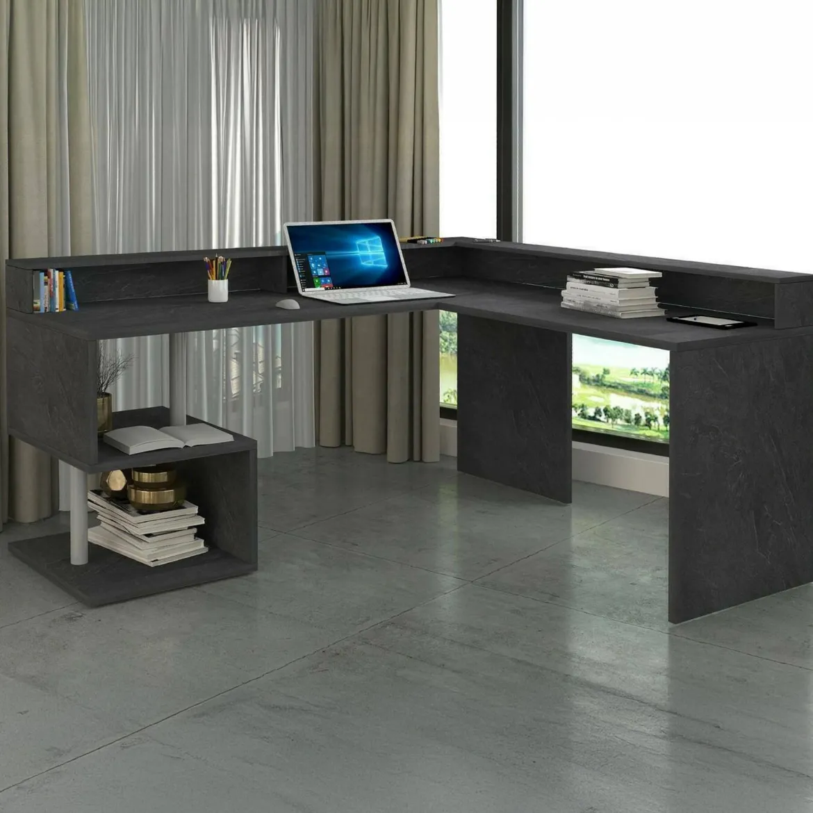 Scrivania angolare ardesia 180x93cm con supporto computer - Adelma
