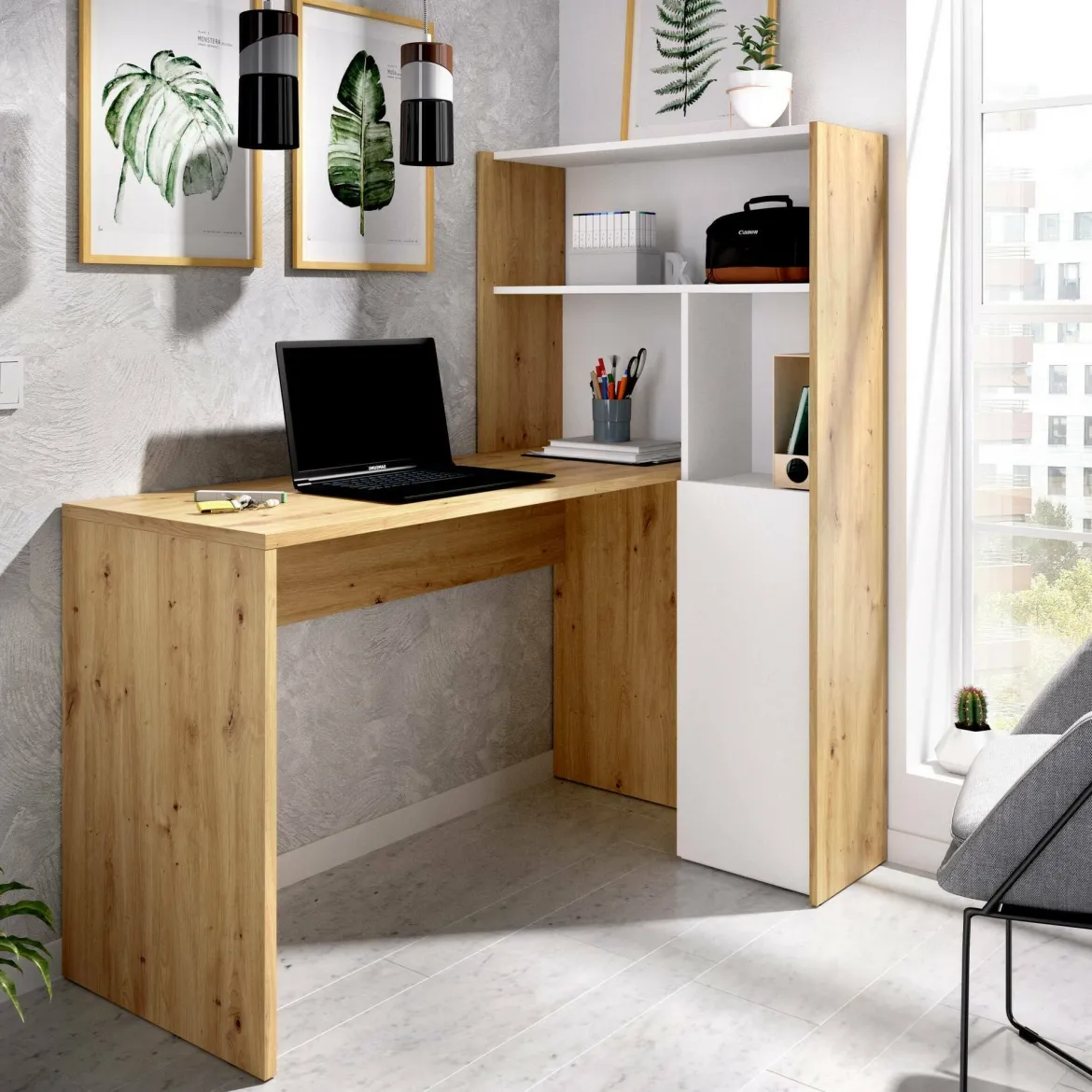 Scrivania angolare bianca e rovere nodi 110x81cm con libreria - Aiden