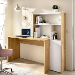Scrivania angolare bianca e rovere nodi 110x81cm con libreria - Aiden
