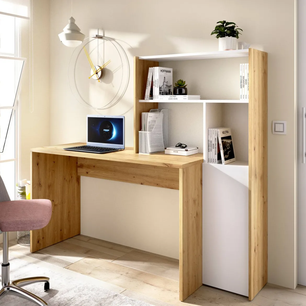 Scrivania angolare bianca e rovere nodi 110x81cm con libreria - Aiden