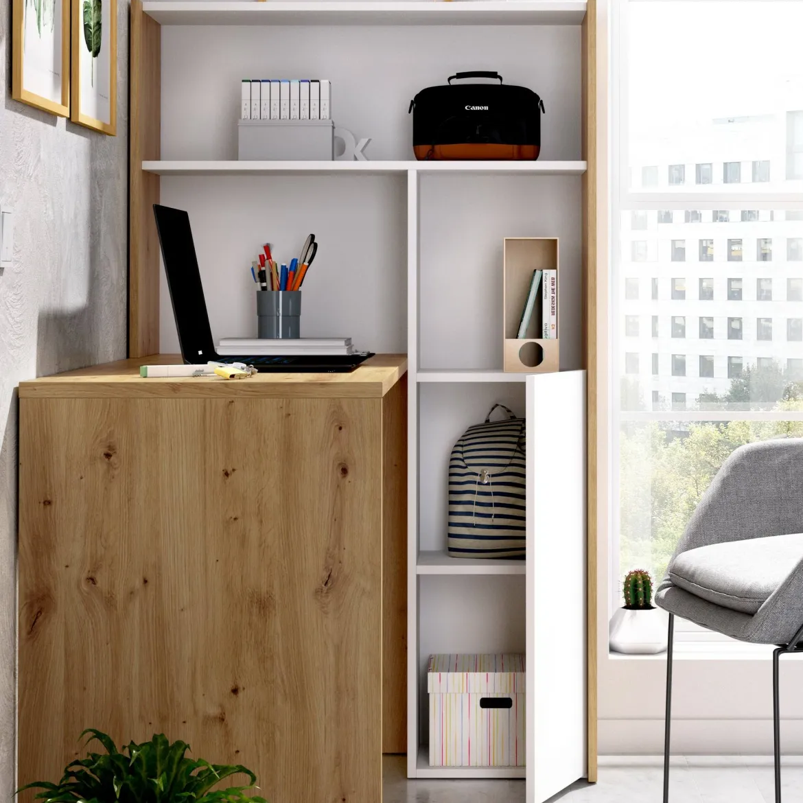 Scrivania angolare bianca e rovere nodi 110x81cm con libreria - Aiden