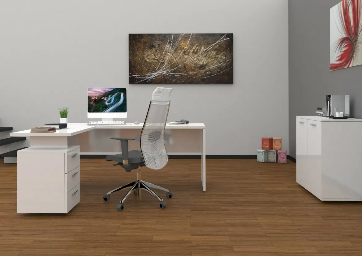 Scrivania angolare bianca lucida e legno 139x92cm con 1 cassetto - Andor