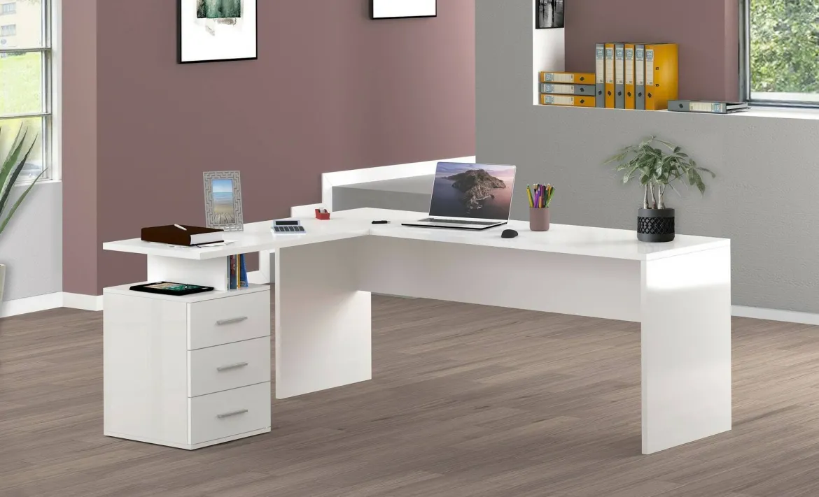 Scrivania angolare bianca lucida e legno 139x92cm con 1 cassetto - Andor
