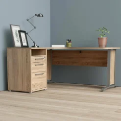 Scrivania angolare grigia e quercia 159x150cm con 3 cassetti - Alfango