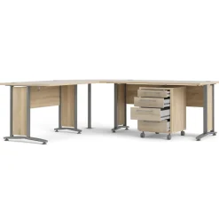Scrivania angolare grigia e quercia 230x200cm con 4 cassetti - Megh