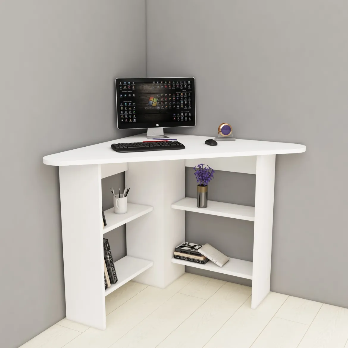 Scrivania Bianco Angolare 5 Ripiani 80x80x74h cm, 4 Vani - Mamette