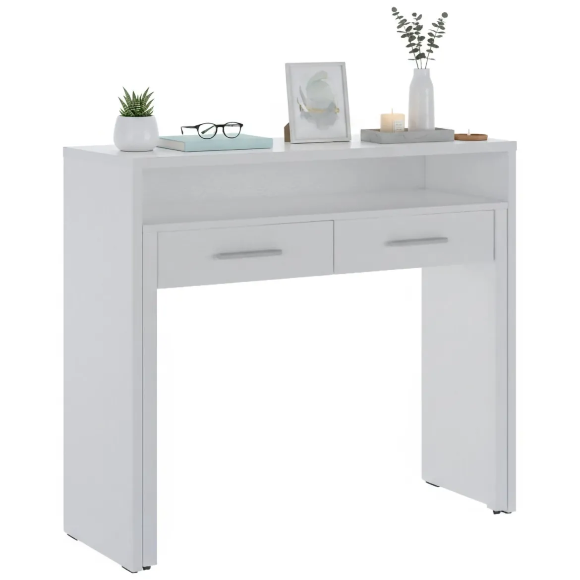Scrivania Bianco 2 Cassetti Modulabile 98.6x36.6x86.9h cm, un Vano - Opaglio