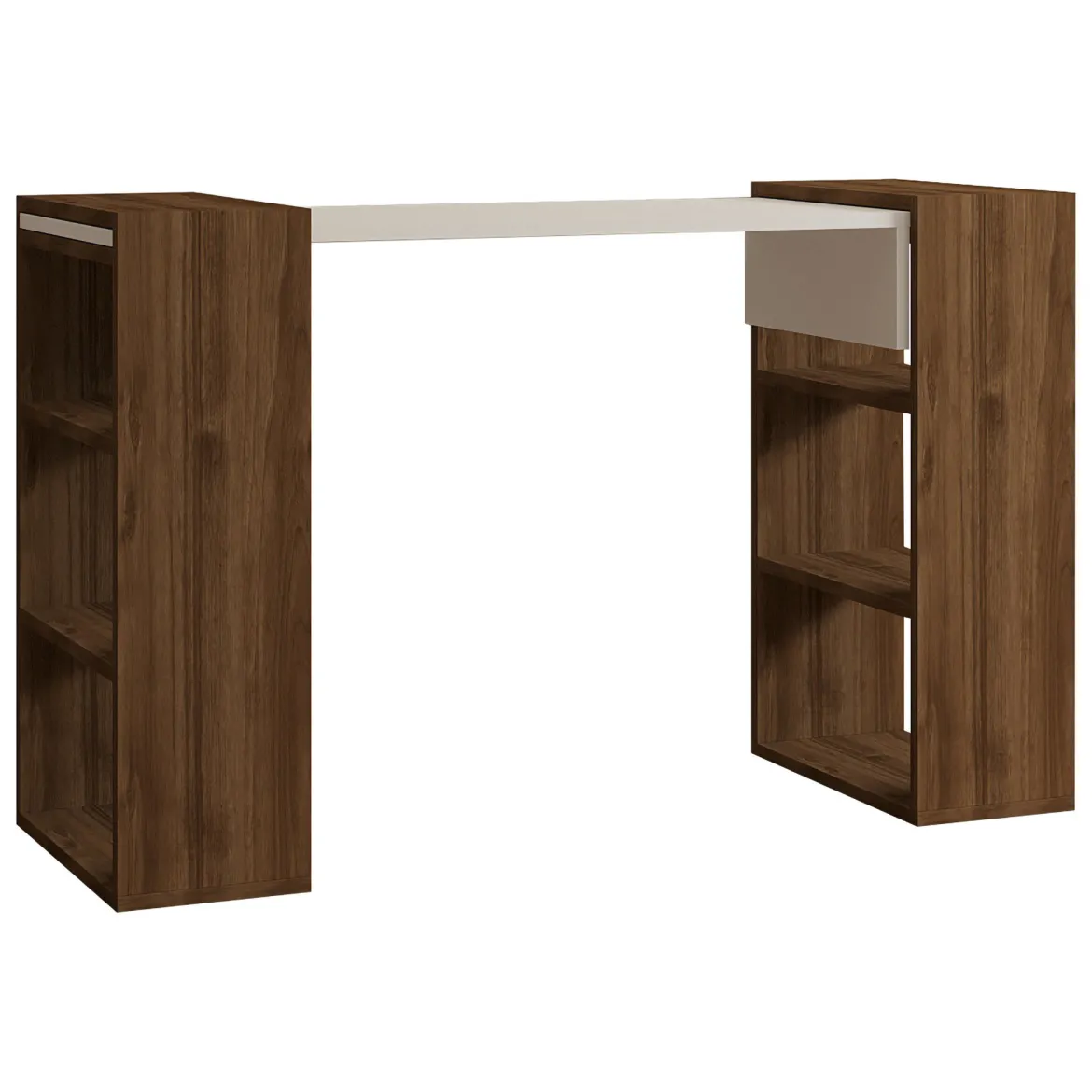 Scrivania Bianco Marrone Noce 6 Ripiani 2 Ante 146x60x74h cm, 6 Vani - Loria