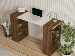 Scrivania Bianco Marrone Noce 6 Ripiani 2 Ante 146x60x74h cm, 6 Vani - Loria