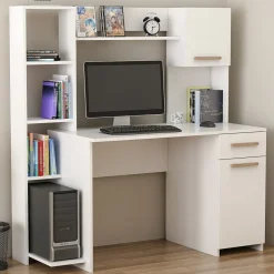 Scrivania Bianco Marrone Rovere 6 Ripiani un Cassetto 120x60x77h cm, 2 Ante - Marrucina