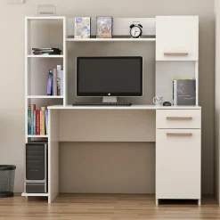 Scrivania Bianco Marrone Rovere 7 Ripiani Un'anta 71x60x74h cm, 7 Vani - Jato