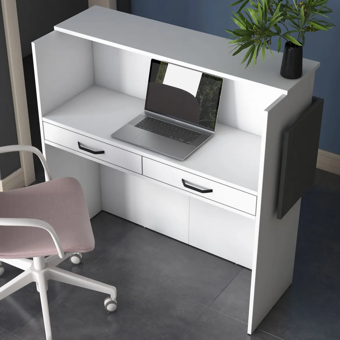 Scrivania Bianco Nero Antracite un Ripiano 2 Cassetti 110x40x110h cm, Banco Reception - Volano