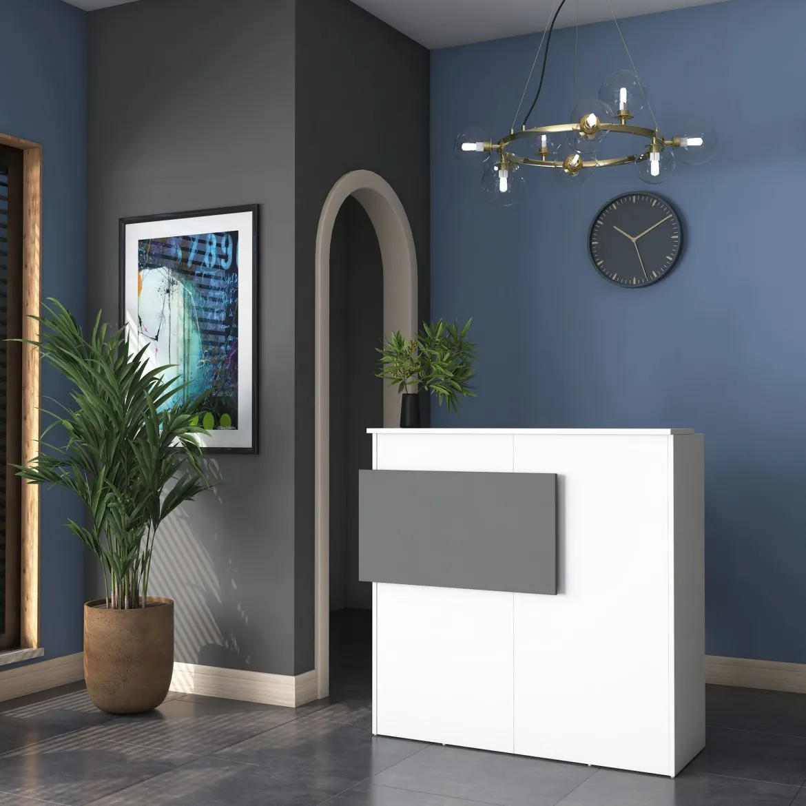 Scrivania Bianco Nero Antracite un Ripiano 2 Cassetti 110x40x110h cm, Banco Reception - Volano