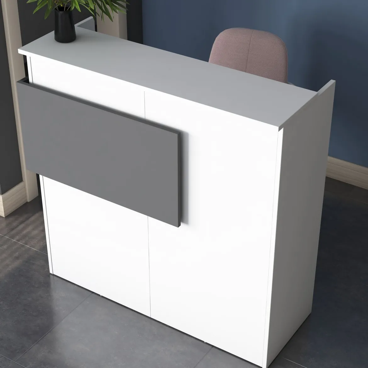 Scrivania Bianco Nero Antracite un Ripiano 2 Cassetti 110x40x110h cm, Banco Reception - Volano