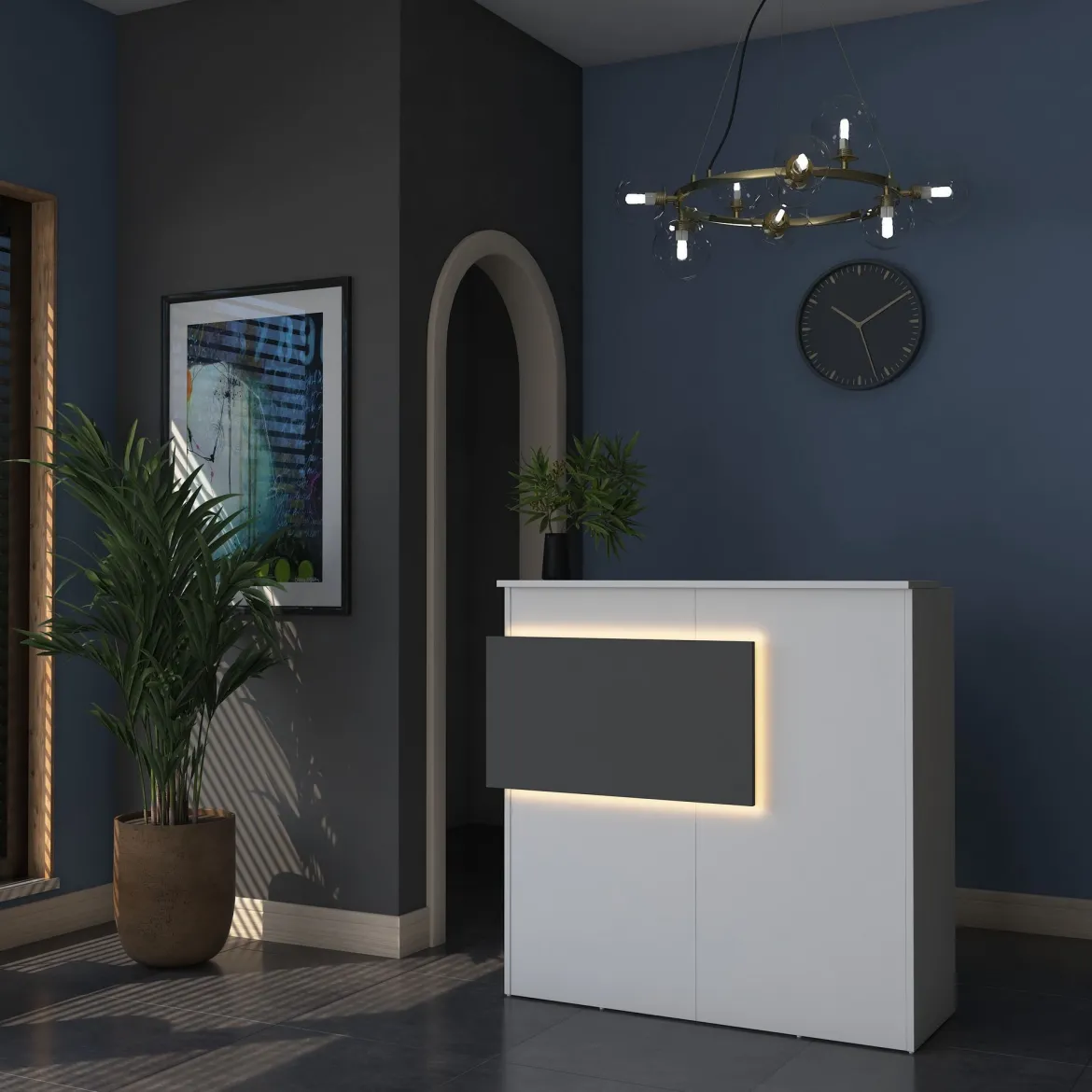 Scrivania Bianco Nero Antracite un Ripiano 2 Cassetti 110x40x110h cm, Banco Reception - Volano