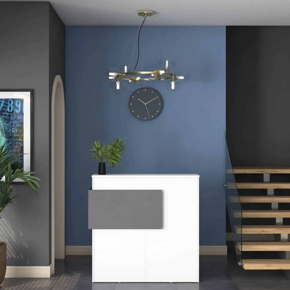 Scrivania Bianco Nero Antracite un Ripiano 2 Cassetti 110x40x110h cm, Banco Reception - Volano