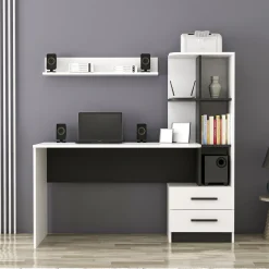 Scrivania Bianco Nero 7 Ripiani 2 Cassetti 120x60x74h cm, 4 Vani - Thiesi