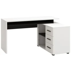 Scrivania Bianco Opaco Nero Angolare 3 Ripiani 137.5x101.5x75h cm, 3 Cassetti - Sapri