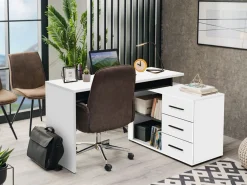 Scrivania Bianco Opaco Nero Angolare 3 Ripiani 137.5x101.5x75h cm, 3 Cassetti - Sapri