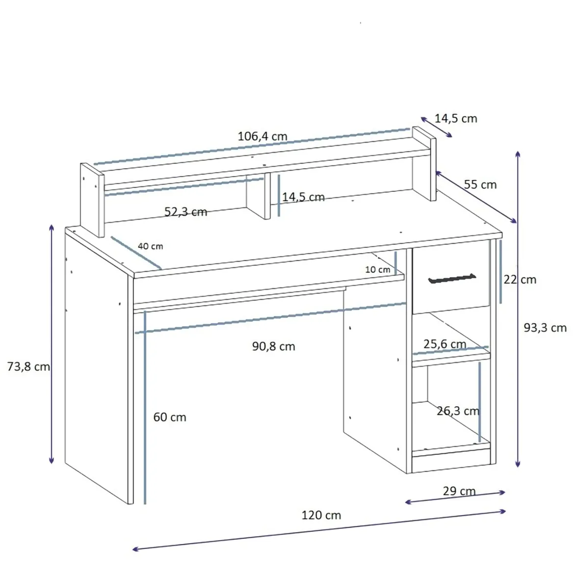 Scrivania Bianco 5 Ripiani un Cassetto 99x120x55h cm, 5 Vani - Roletto