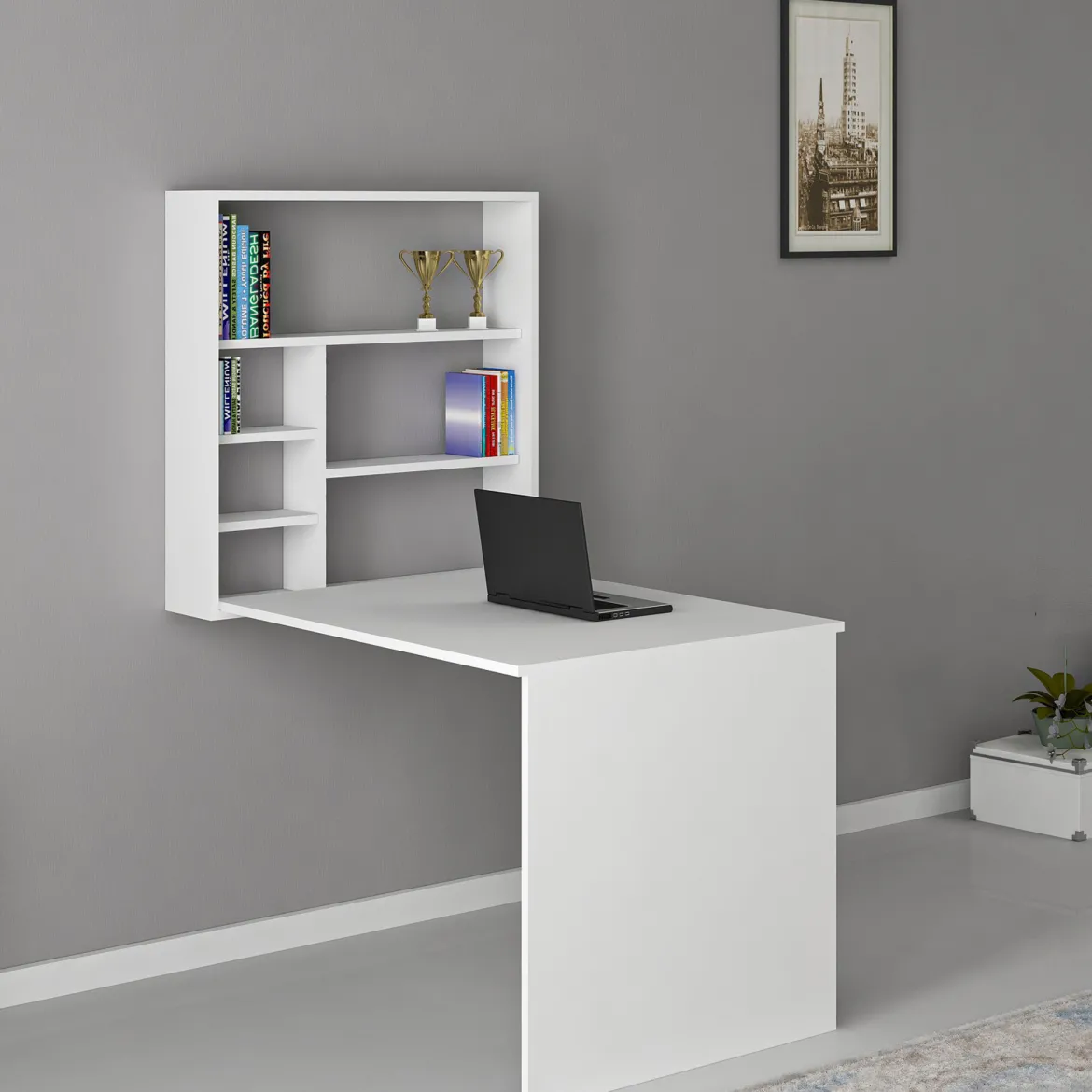 Scrivania Bianco 5 Ripiani 6 Vani 59x90x74h cm, con Libreria - Veglio
