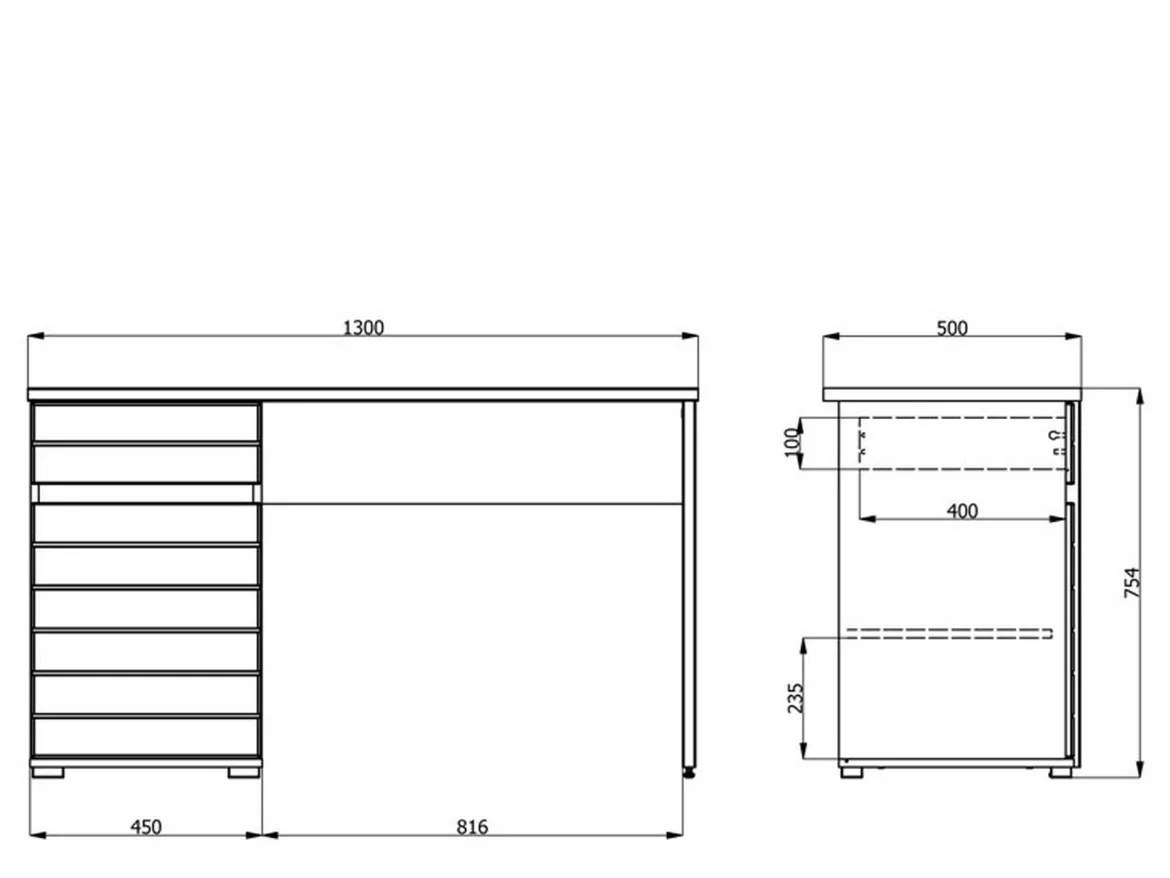 Scrivania Bianco un Cassetto un Ripiano 130x50x75.5h cm, Un'anta - Cambio