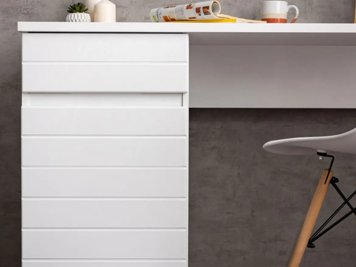 Scrivania Bianco un Cassetto un Ripiano 130x50x75.5h cm, Un'anta - Cambio