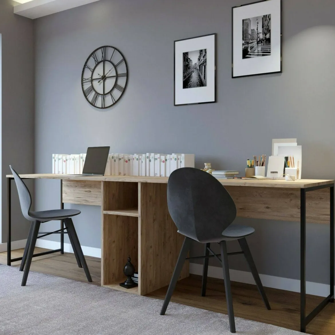 Scrivania doppia quercia 240x60cm struttura in metallo - Asarat