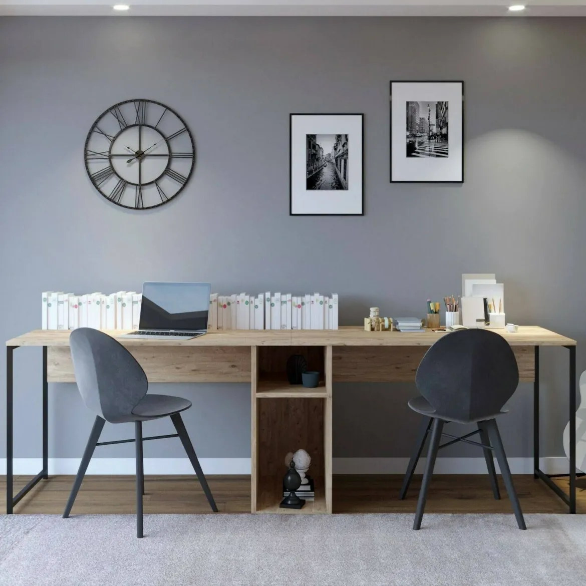 Scrivania doppia quercia 240x60cm struttura in metallo - Asarat