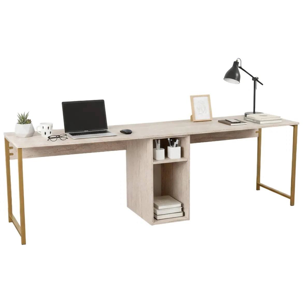 Scrivania lineare beige e oro 240x60cm con supporto computer - Violet