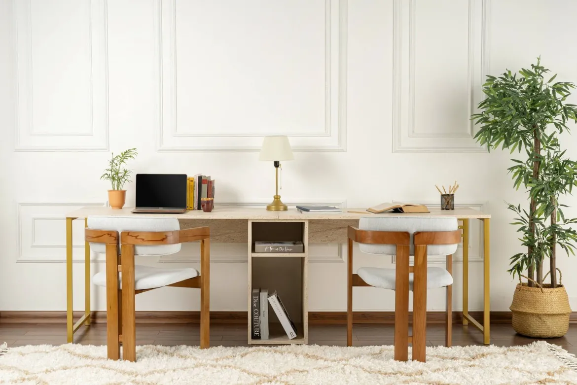 Scrivania lineare beige e oro 240x60cm con supporto computer - Violet