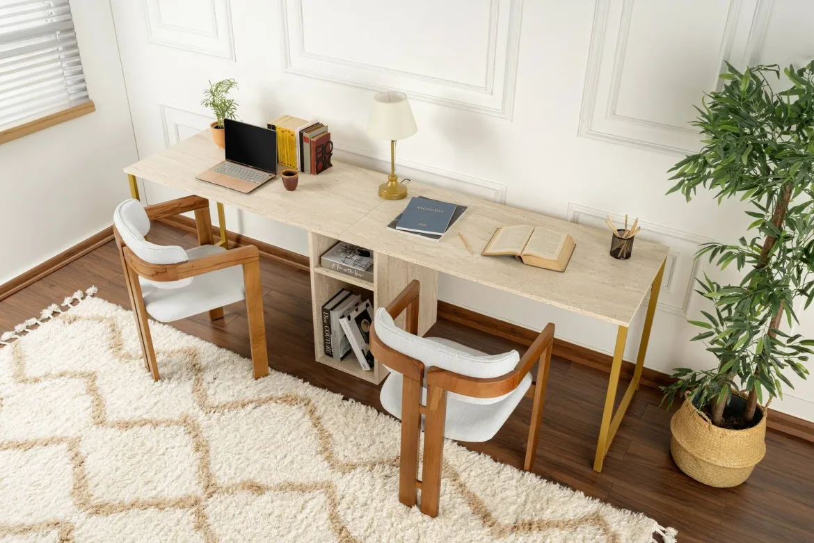 Scrivania lineare beige e oro 240x60cm con supporto computer - Violet