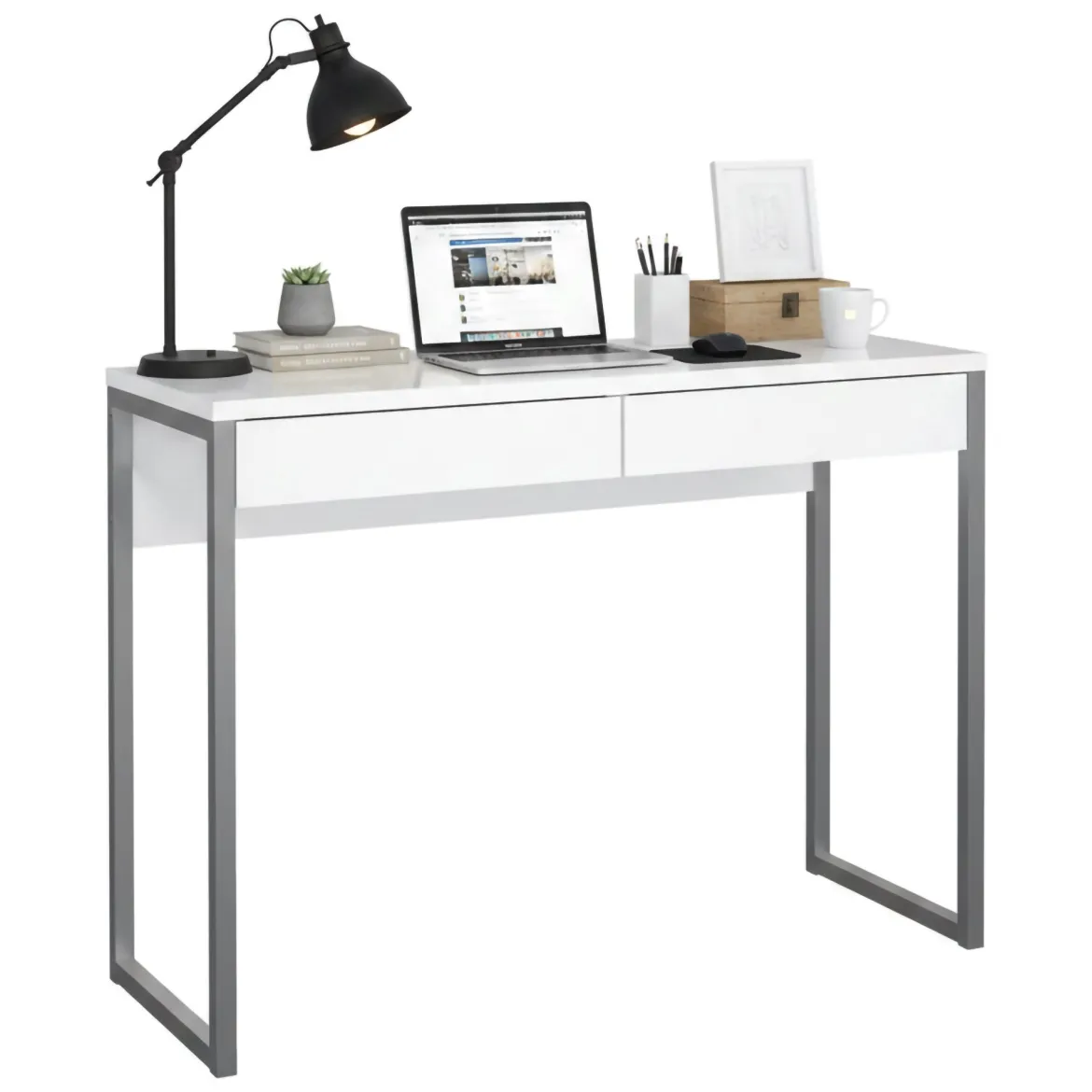 Scrivania lineare bianca e grigia 101x40cm con 2 cassetti - Anavi