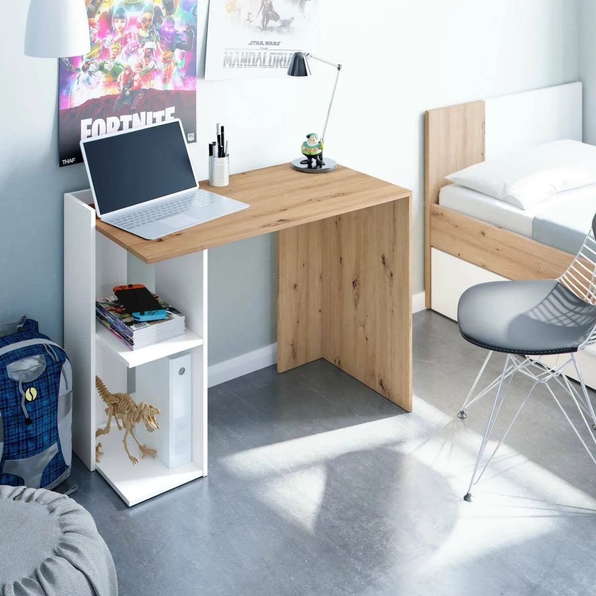Scrivania lineare bianca e legno 110x50cm con libreria - Zefiro