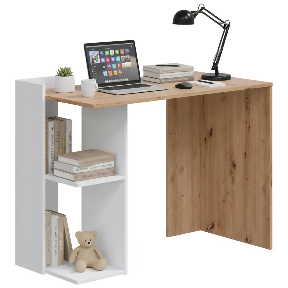 Scrivania lineare bianca e legno 110x50cm con libreria - Zefiro