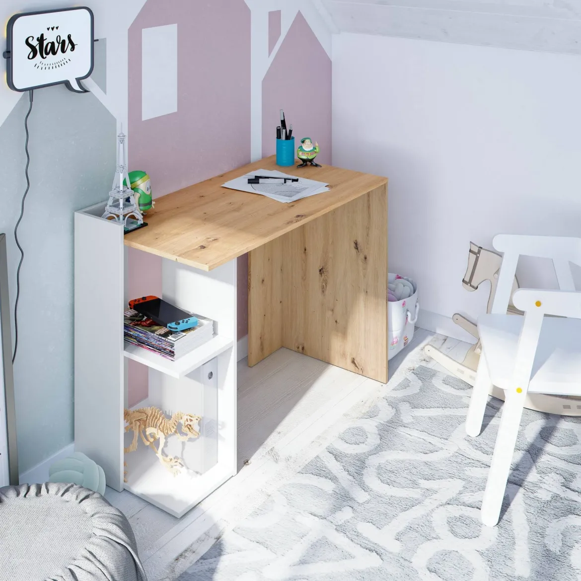 Scrivania lineare bianca e legno 110x50cm con libreria - Zefiro
