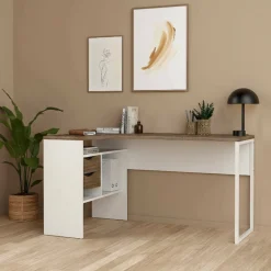 Scrivania lineare bianca e noce 145x81cm con 2 cassetti - Moire
