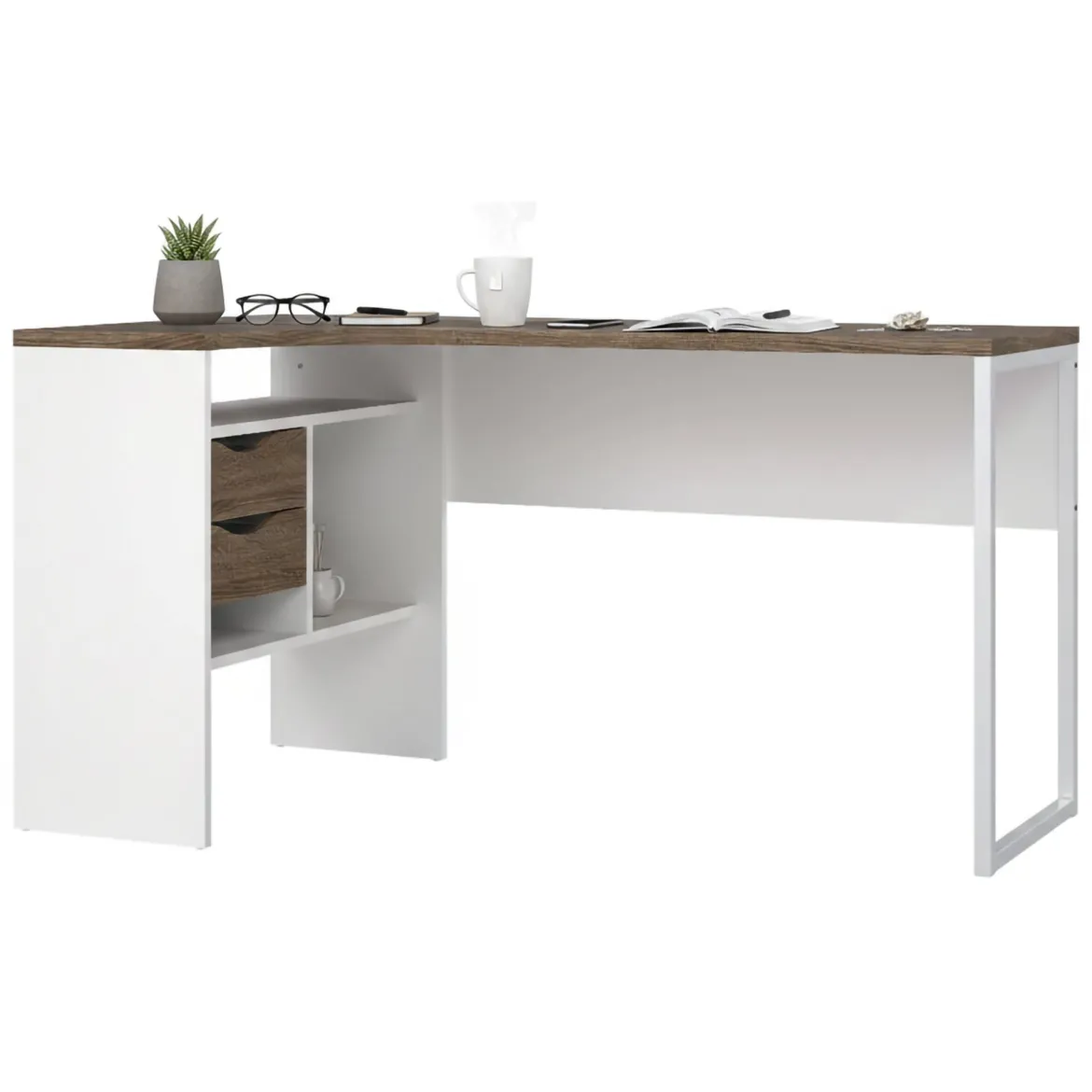 Scrivania lineare bianca e noce 145x81cm con 2 cassetti - Moire
