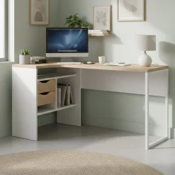 Scrivania lineare bianca e rovere 80x40cm con 1 cassetto - Adri