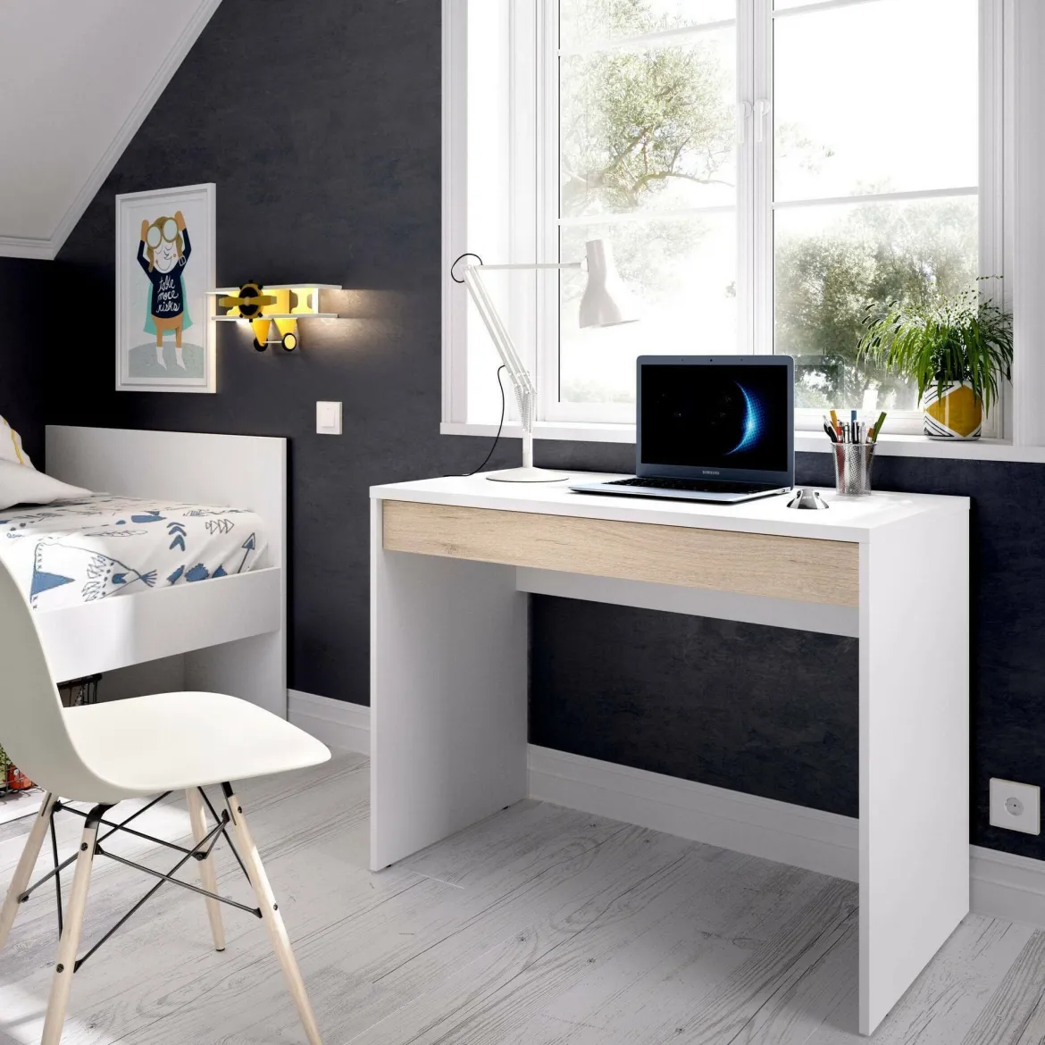 Scrivania lineare bianca e rovere nodi 110x50cm con 1 cassetto - Aischa