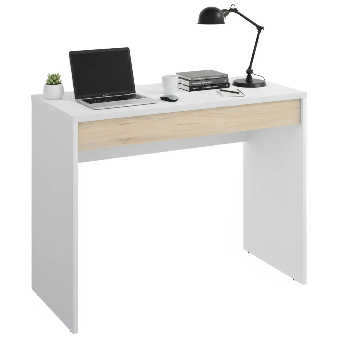 Scrivania lineare bianca e rovere nodi 110x50cm con 1 cassetto - Aischa