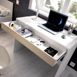 Scrivania lineare bianca e rovere nodi 110x50cm con 1 cassetto - Aischa
